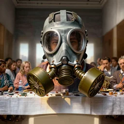the last supper in gas masks, hyperrealistic, volumetric golden dappled dynamic lighting, highly detailed, sharp focus, by victo ngai, artgerm