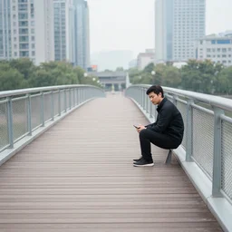 A man sitting on a footbridge, city in the background