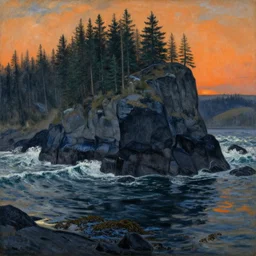 Courbet's late landscapes and seascapes can look especially unbelievable: waves, solid like sapphire or granite; pine forests dense and frozen like the rocks of the Ardennes. In a work like ''Black Rocks,'' the atmosphere is viscous, the light of the orange sky hanging, tangibly, like seaweed, on the water and shore: a portentous image, full of longing.
