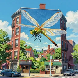 A Northend Boston neighborhood artwork by Tomer Hanuka Rendering with an giant dragonfly flying over it. full of details, by Makoto Shinkai and thomas kinkade, Matte painting, trending on artstation and unreal engine