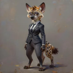 oil painting detailed full body of anthromorphic female hyena, in style of zootopia, zootopia, zootopia, fursona, furry, furaffinity, 4 k, deviantart, furry art, fursona art, wearing business suit, in style of zootopia, hyena fursona, cyberpunk, female, expressive, detailed feminine face,