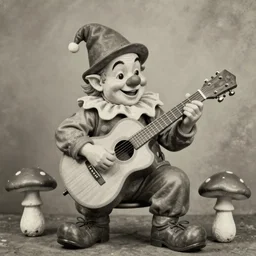 vintage photograph of a clown gnome playing a mushroom like a guitar, 4 k