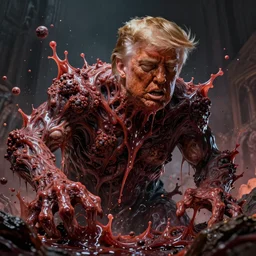donald trump's disgusting true form bursting from within, gross, slimy, sleazy, pustules, high details, intricate details, by drew struzan