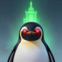 penguin that has red glowing eyes in front of a green glowing tower in the background, guild wars 2 art style