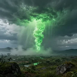 alien landscape with green thunders, realistic