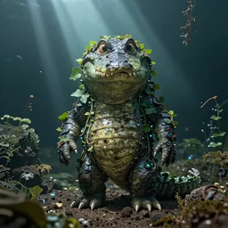 sad face treeman humanlike mammal creature crocodile skin covered in ivy plants grass veins, underwater troll covered in dirt sand gills electrons, electronic wires devices grown together, overgrown plants rocks, dramatic, god rays, dark, skin, plastic wrap,