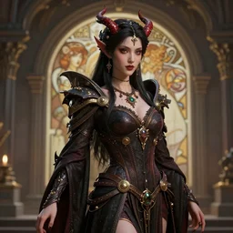 complex 3 d hyper realistic smooth ultra sharp render of a gorgeous!! robed princess demoness sorceress woman | beatiful demon girl, d & d, medieval, fantasy | art by oh jinwook + 吵 集 仁 儿 on artstaion + takeshi obata + alphonse mucha
