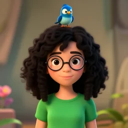 a girl with curly black hair wears a green shirt, she wears harry potter glasses, and there is a blue bird on her head, studio ghibli, pixar and disney animation, sharp, rendered in redshift and unreal engine 5 by greg rutkowski, bloom