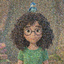 a girl with curly black hair wears a green shirt, she wears harry potter glasses, and there is a blue bird on her head, studio ghibli, pixar and disney animation, sharp, rendered in redshift and unreal engine 5 by greg rutkowski, bloom