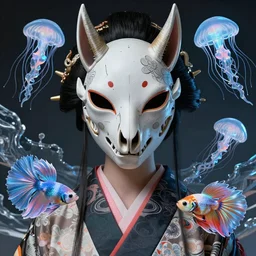 3 d goddess close - up frontal portrait with cow skull. beautiful intricately detailed japanese crow kitsune mask and clasical japanese kimono. betta fish, jellyfish phoenix, bio luminescent, translucent, plasma, ice, water, wind, creature, artwork by tooth wu and wlop and beeple and greg rutkowski. vray. behance. 8 k