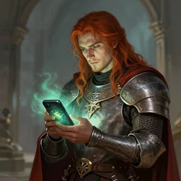 a medieval paladin using a cellphone that is a magical stone. trending on artstation, craig mullins, rutkowski