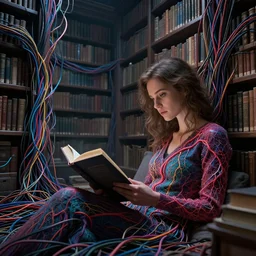rgb wires, woman reading a book, library, cinematic, movie scene, inspired by zdzislaw beksinski, veins,, cables everywhere, bedroom, ultra realistic, concept art, intricate details, highly detailed, photorealistic, octane render, 8 k