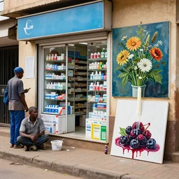 “ a busy sidewalk in nairobi, pharmacy, street hawkers, medical supplies, pills and medicine, ikebana, herbs, a candle dripping white wax, squashed berries, berry juice drips, acrylic and spray paint and oilstick on canvas, surrealism, neoexpressionism ”