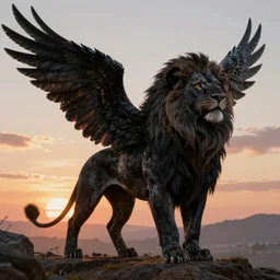 Magnificent black lion with wings on a beautiful fantasy landscape, sunset, HD, illustration, epic, D&D, fantasy, intricate, elegant, highly detailed, digital painting, artstation, concept art, smooth, sharp focus, illustration, wallpaper, art by artgerm and greg rutkowski and alphonse mucha and jin xiaodi