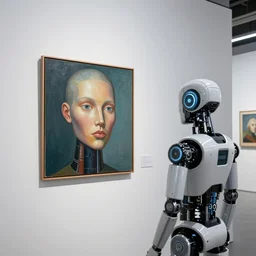 modern art gallery, over the shoulder view of a robot looking at a painting of a cyborg face staring at them.
