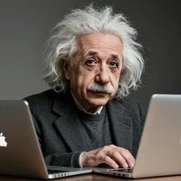 highly detailed self portrait of albert einstein while he is using a macbook