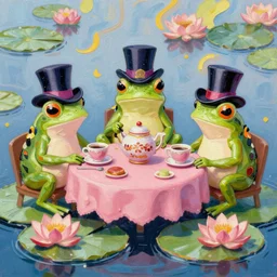 “ digital art illustration of three fancy frogs wearing top hats having a tea party on a lillypad, colorful whimsical, impasto painting ”
