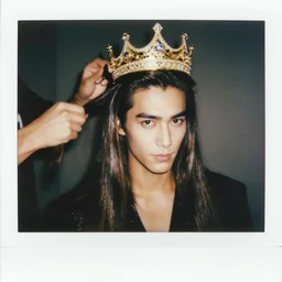 handsome influencer - man with shiny and silky long hair getting hair styled with danny devito wearing a golden crown studded with sparkling diamonds, polaroid