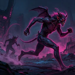 running demons, by beksinski and tristan eaton, dark neon trimmed beautiful dystopian digital art