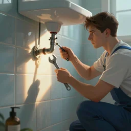 the repairman fixing a leaking pipe with a wrench in the bathroom, extremely detailed, cinematic lighting, illustration, digital art, crepuscular ray, trending on artstation, art by wlop and greg rutkowski, golden ratio