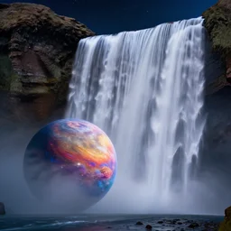 a beautiful photorealistic waterfall flowing into a planet, photography by nasa, hubble, james webb, psychadelic, dreamy, 4 k, wallpapers
