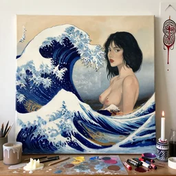 “ a portrait in a female art student ’ s apartment, great wave off kanagawa, sensual, art supplies, a candle dripping white wax, aboriginal art, berry juice drips, acrylic and spray paint and oilstick on canvas, surrealism, neoexpressionism ”