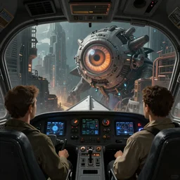 the inside cockpit view from a shuttle looking at a cybernetic eye of the beholder monster destroying an overpopulated cyberpunk steampunk city the style of frank kelly freas, giorgio vasari, andrea pozzo, elegant, highly detailed, digital painting, artstation, cinematic lighting, extremely moody lighting, glowing light and shadow, 4 k