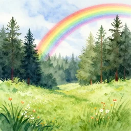 watercolor painting of a beautiful meadow forest with a rainbow over sky