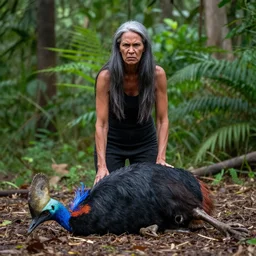 angry middle aged lady standing over a dead cassowary in the jungle, greek ethnicity, thin face structure, uncombed straight grey black hair, tribalism, photo, realistic, outdoor lighting, 4 k, 8 k, hd, 3 9 mm lens