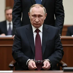Putin in handcuffs in the courtroom, hyper realistic, ultra details, 4k, real photo,