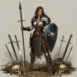 woman, warrior, shield in hand, spear in hand, place of battle, swords stuck in the ground, skulls on the ground, detailed illustration, digital art, overdetailed art, concept art, full character, character concept, long hair, full body shot, Dan Mumford, Peter Mohrbacher, Greg Rutkowski, fantasy character, detailed illustration, hd, 4k, digital art, overdetailed art, concept art, trending on artstation