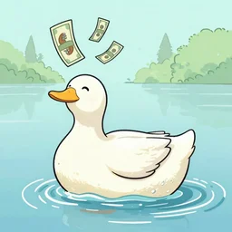 Successful duck businessman bathes in money, cartoon,