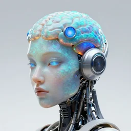 an opal maya dieselpunk spaced out futuristic robot head wearing trippy brain sensors, 8 k, front shot, symetrical, flourescent colors, halluzinogenic, multicolored, insanely detailed, front shot, 3 d render, octane