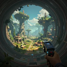 futuristic first person perspective game set in a desolate bowl world. screenshot in game, future technology, ancient overgrown with trees outpost, unreal engine 5, colorful, contrast, depth of field, render, greg rutkowski, zabrocki, zdzisław beksinski, trending on artstation, ultra wide angle, zenith view, pincushion lens effect