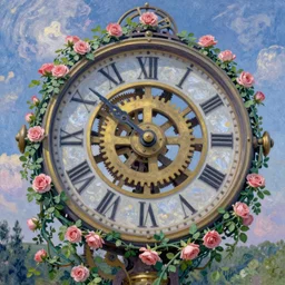 Mechanical gear,Rose twining,Giant clock,prayer,out of time and space,dreamy, eternity, romantic, epic, artstation, highly detailed, in the style of Monet