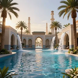beautiful pool waterfalls surrounded by palm trees, moroccan tile archways, industrial buildings, ivory towers, sun setting, ross tran, fantasy, james jean, peter morbacher, angelarium, alchemy, luxury, heavenly light, soft illumination, trending on artstation, cinematic lighting, digital painting, octane render, artgerm