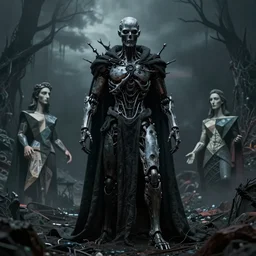 highly detailed amazing photo of cyborg cultist made of dark matter in gloomy gothic landscape, raphael, picasso, beeple, giger