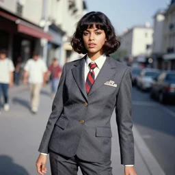 ektachrome, 3 5 mm, highly detailed : beautiful portrait photo in style of 1 9 7 0 s frontiers in flight suit cosplay paris seinen manga street photography vogue fashion edition, tilt shift sun background, focus on tan model, cute style ; open lips ; tendu pose