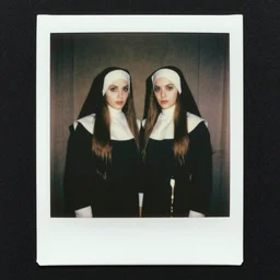 1970s, sensual, photo, a polaroid photo, art nouveau, dribble, twin nuns with long hair posing for a picture