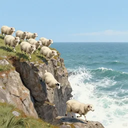 eighty white sheep running fast in the direction of a cliff and we can see them falling like lemmings down the rocks below to the sea and the crashing white waves, there is one single black sheep going against the crowd, clear blue skies, old colored sketching, lateral sideways horizon panoramic shot