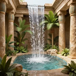 waterfall,plants and palms in a ancient egyptian interior,3d render unreal engine