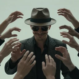 film still, extreme long shot, of an enigmatic mysterious man, smiling, face unseen by wearing a woven fedora and chopard sunglasses, expensive outfit, elegant, casual, intricate, the man summons numerous invisible hand appendages from his body