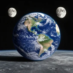 planet earth shot with space and the moon as the floor, rtx, photorealistic, color correction,