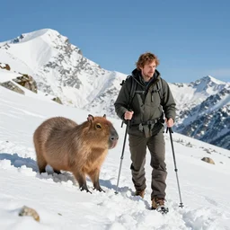 Jordan Peterson hiking up a snowy mountain with a capybara