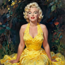 marilyn monroe in yellow dress. art by renoir. bright
