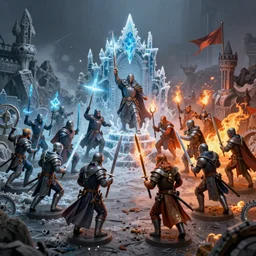 Fantasy medieval battle of good and evil, ice and fire, trending on artstation, 30mm, by Noah Bradley