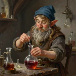 a beautiful portrait painting of a young dwarf mixing a potion in medieval lab, artstation, deviantart