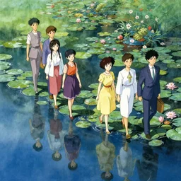 anime movie scene, characters walk, waterway, fantasy. intricate, amazing composition, colorful watercolor, lily pads, reflections, by ruan jia, by maxfield parrish, by koji morimoto, by hikari shimoda, by sparth, by zhang kechun, illustration, gloomy