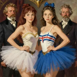 portrait of two young beautiful gorgeous irresistible captivating latvian belarusian finnish norwegian swedish glamour models wearing tutu, jodhpurs greg manchess painting by sargent and leyendecker, studio ghibli close - up asymmetrical intricate elegant illustration hearthstone, by greg rutkowski by greg tocchini by james gilleard
