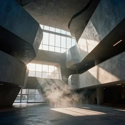 Hyper realistic brutalist museum interior, parametric architecture, sun rays at sunset, soft shadows, volumetric fog, Hyper realistic film photography, Zeiss 24mm f2.8, Hasselblad, insanely detailed, sharp focus
